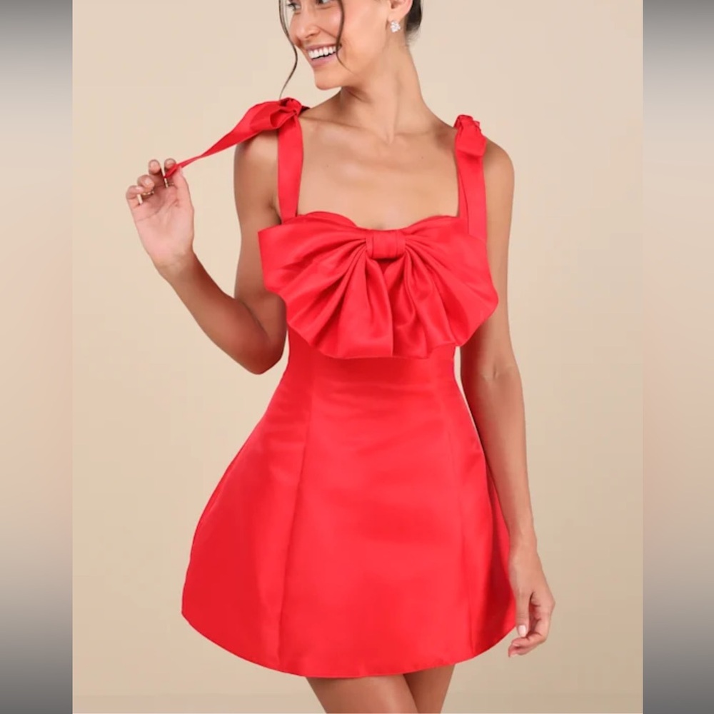 ♥️ Glamorous Luxury Red Taffeta Bow Lace-Up Mini Dress ♥️